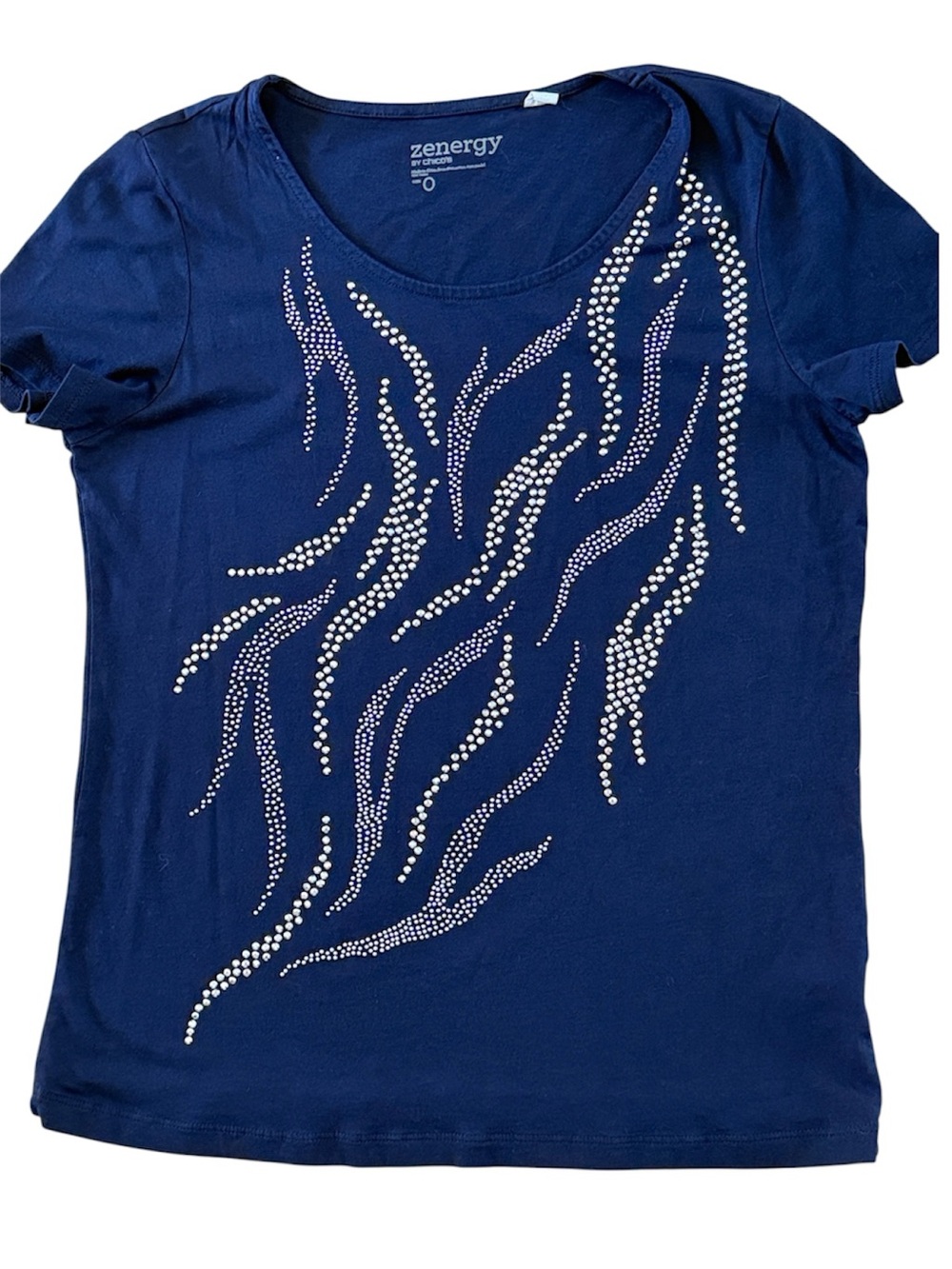 ZENERGY BY CHICOS WOMEN ROYAL BLUE T-SHIRT SILVER STUDDED PATTERN SIZE 0 (SMALL)